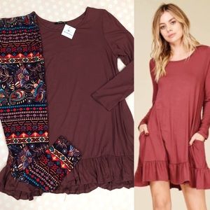 Berry Tunic Dress Ruffled Hem Pocket